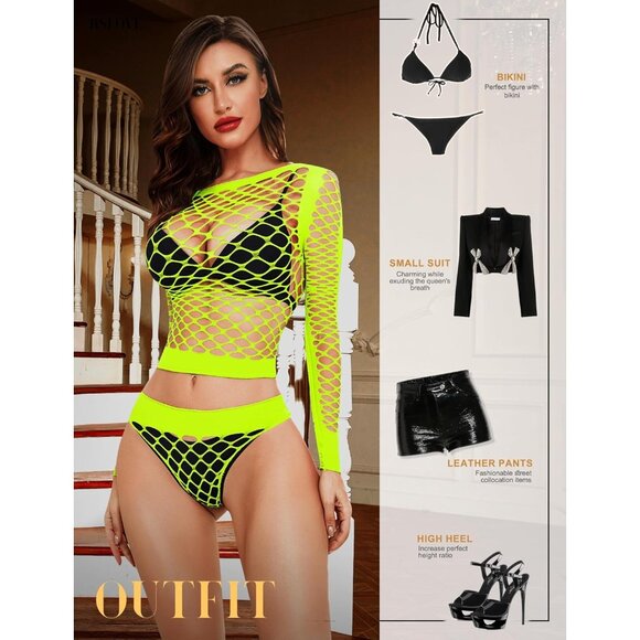🆕 Women Yellow Sexy Mesh Lingerie Fishnet Babydoll Long Sleeve Bodysuit Shirts - Picture 4 of 5